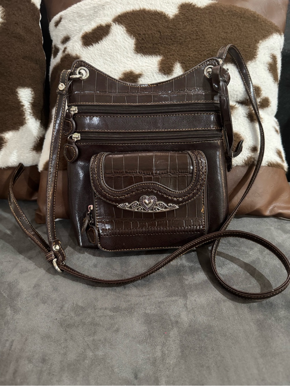 Brighton Dark Brown Croc-Embossed Crossbody with Heart Accent